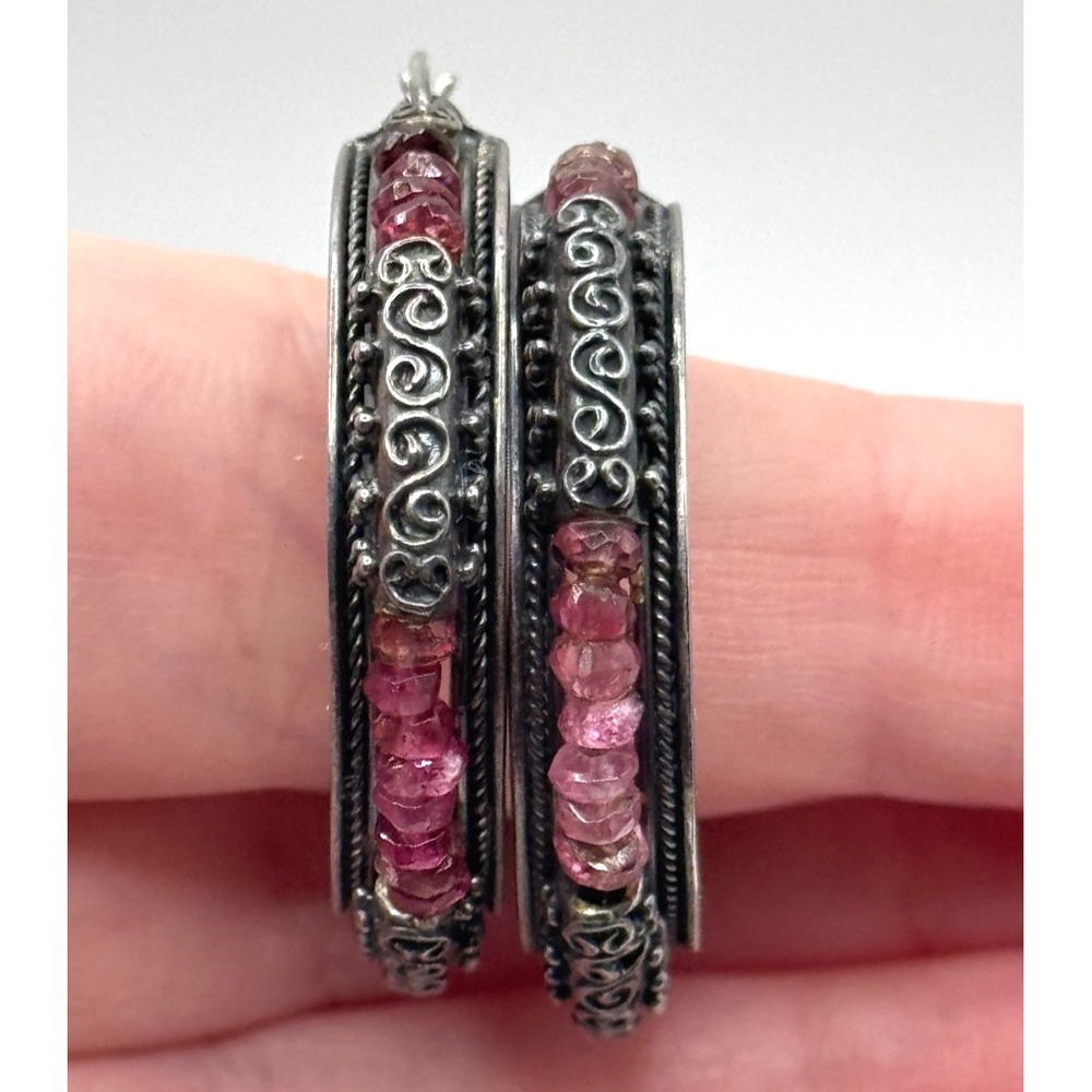 Suarti BA Bali Sterling Silver Pink Tourmaline Hoop Earrings